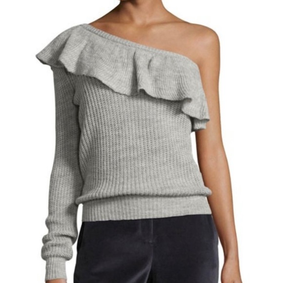 REBECCA TAYLOR One Shoulder Alpaca Wool Ruffle Knit Pullover Sweater Grey Large - Picture 1 of 7
